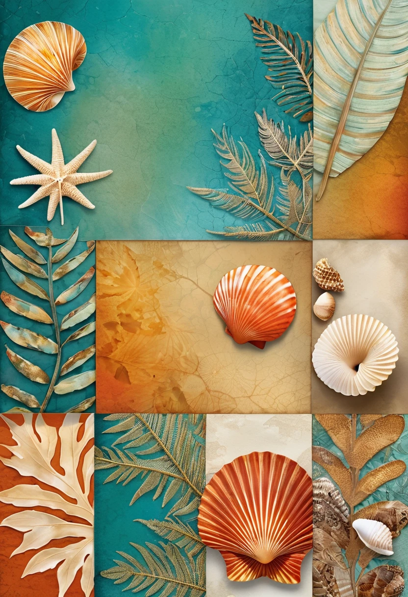 a collage of leaves, seashells, bones, vibrant colors, abstract, dynamic composition, natural textures, mixed media, striking contrast, intricate patterns, Julie Liger-Belair style, 4 panel layout, visually stunning, high detail, digital art, photorealistic, masterpiece