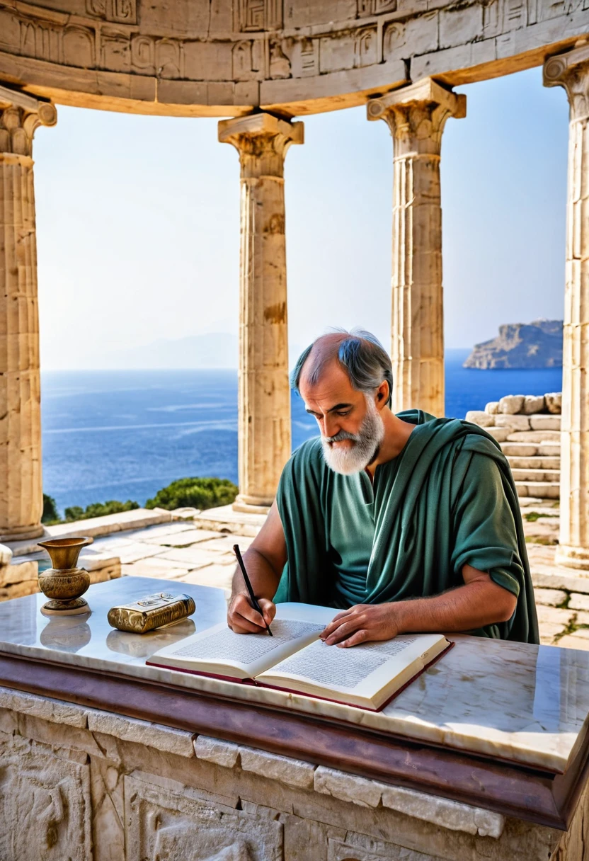 Greek philosopher Aristotle writing about perfumery in a luxurious room of the Greek temple in the background a landscape of the sea and ancient Greek city
