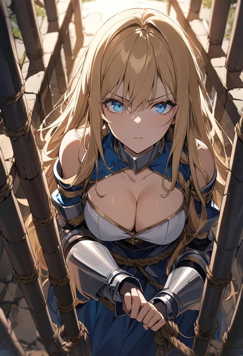 18-year-old, A beautiful woman,Cleavage,knight,Defiant look,Glare,Looking at this,Stone prison,Golden long hair,Blue Eyes,Hands tied with hemp rope