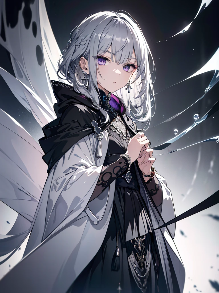 8k,High resolution RAW color art,Anime Art, (((Very detailed and cool))), Detailed skin, Blur、texture,(Exquisitely crafted, The finer details, Ultra-detailed art), (((One boy))), Depth of written boundary, Silky Touch, Hyper Detail, (((Cool face)))、Silver Marble Skin, Beautifully detailed purple eyes, Beautiful lip detail, Very delicate face, Delicate depiction of hair and eyes, Detailed Fashion, Silver earrings,Silver Bracelet、Full body depiction, Black high neck、black waist cloak、 A little bit of grey hair、Semi-long hair、(((Hair)))、water surface、silk clotheatte、Soft clothes

