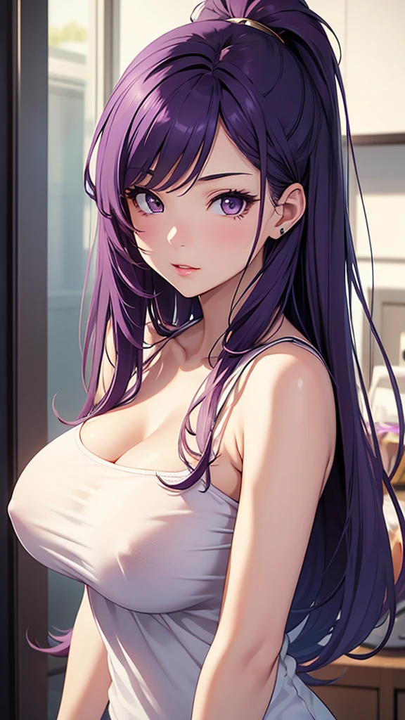 Gal、Kissing Face、front、She wears a white camisole、Her hair is purple、Emphasize large breasts、Around 25 years old、Anime style illustrations