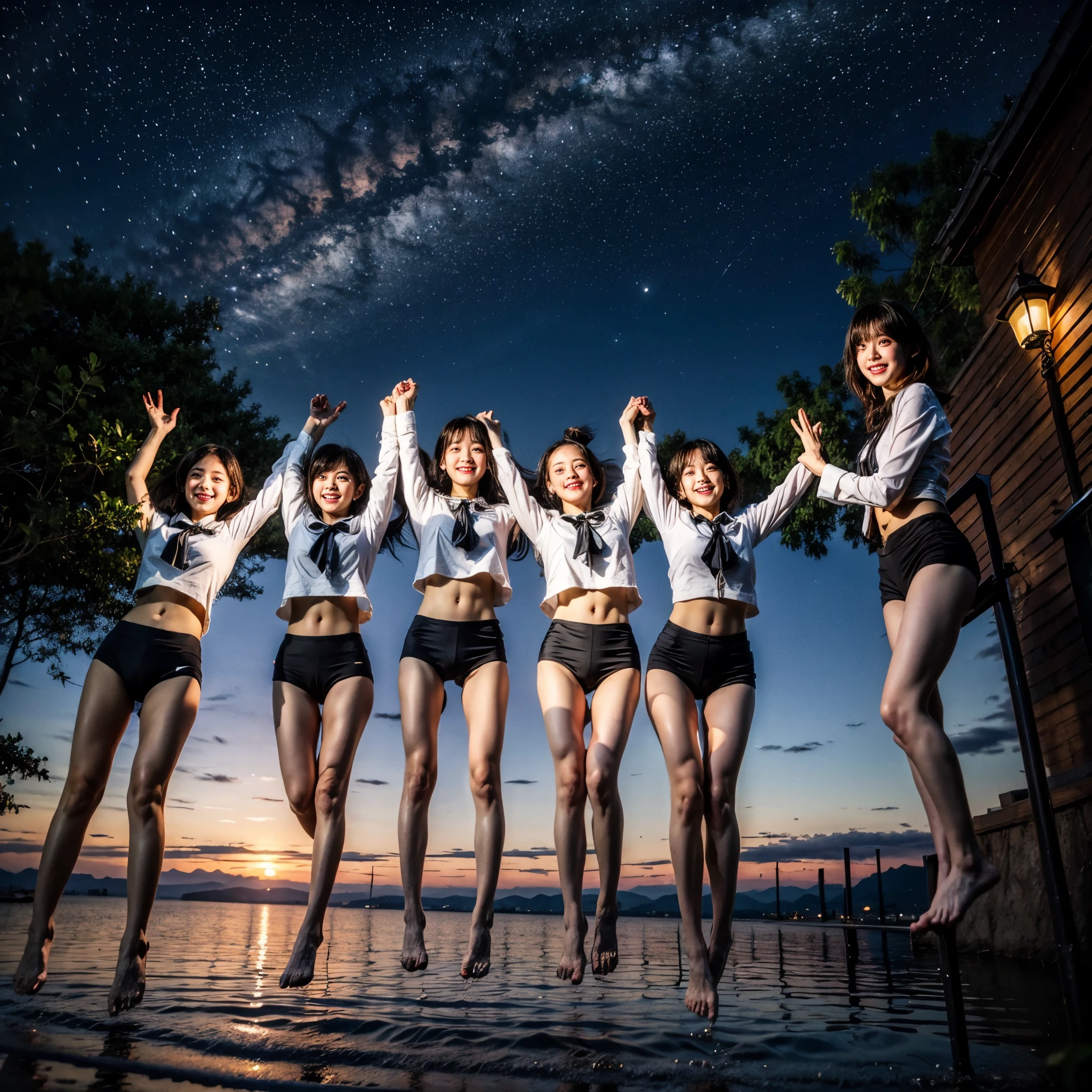 Masterpiece of ProfessionalPhoto ((ExtremelyDetailed (12 PICHIPICHI KAWAII Girls Floating in The Air in a row:1.37) in WHITE at Dusk Enoshima Beach)), {(Standing Full Body:1.2)|(from below:1.2)|Detailed KAWAII face}, Different types of hair colors, {(skinny(school swimwear))|(SchoolUniform)with Skinny AthleticShorts}, {(Corrected Childish hand)|Hidden hand|Different types of breasts|(Clearly Visible the shape of Butt)}, Joyful Expressions LifeLike Rendering, Detailed clothing texture, PerfectLighting, (Dazzling Horizon Visible through ThighGap), (Starry IridescentParticles:1.22) ColorfulClouds