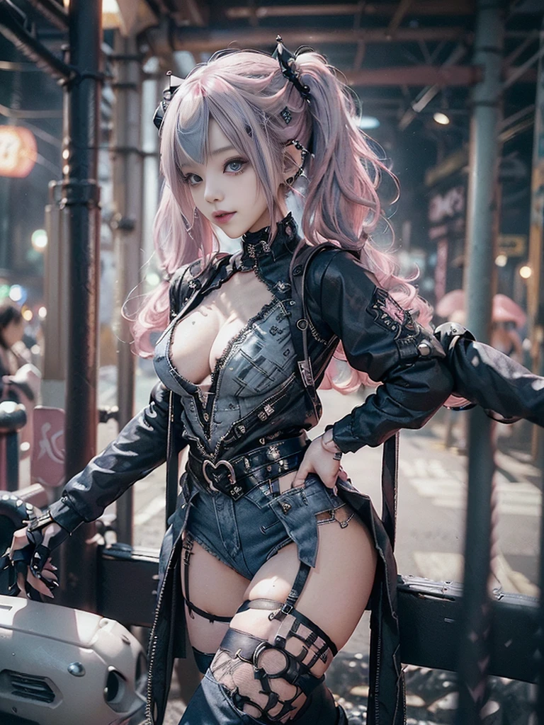 (Full Body View:1.2)、(Side view:1.1)、(Smiling with teeth showing:1.3),(Shibuya Gal:1.5)、(Beautiful:1.4)、(gothic fashion:1.5)、(Punk RockVisual Kei:1.3)、(Futuristic baby doll in black, white and denim:1.5)、(A delicate jacket in beige, black and navy:1.5)、(Denim garter belt:1.5)、(Denim and black and white bodysuit:1.4)、(Heart-shaped silver accessories:1.5)、(Brown Skin Belt:1.4)、(Blue High Heels:1.4)、(Lace patterned underwear:1.4)、28 years old、NSFW,((Highest quality、In 8K、masterpiece:1.3))、Sharp focus:1.2、(Layered Cut、Beautiful boobs:1.1),Beautiful woman with perfect figure:1.4、(Doing an aerobics pose:1.3)、Slender Abs:1.2、Butt、Highly detailed face and skin texture、Detailed eyes、double eyelid,(Twin tails:1.3)、(Pink Hair:1.3)、Obscene、Gravure idol、(Luxurious amusement park at night:1.3)、(Make your legs thinner:1.4)、(Thin thighs:1.4)、(Slim Body:1.3)、(clavicle:1.1)