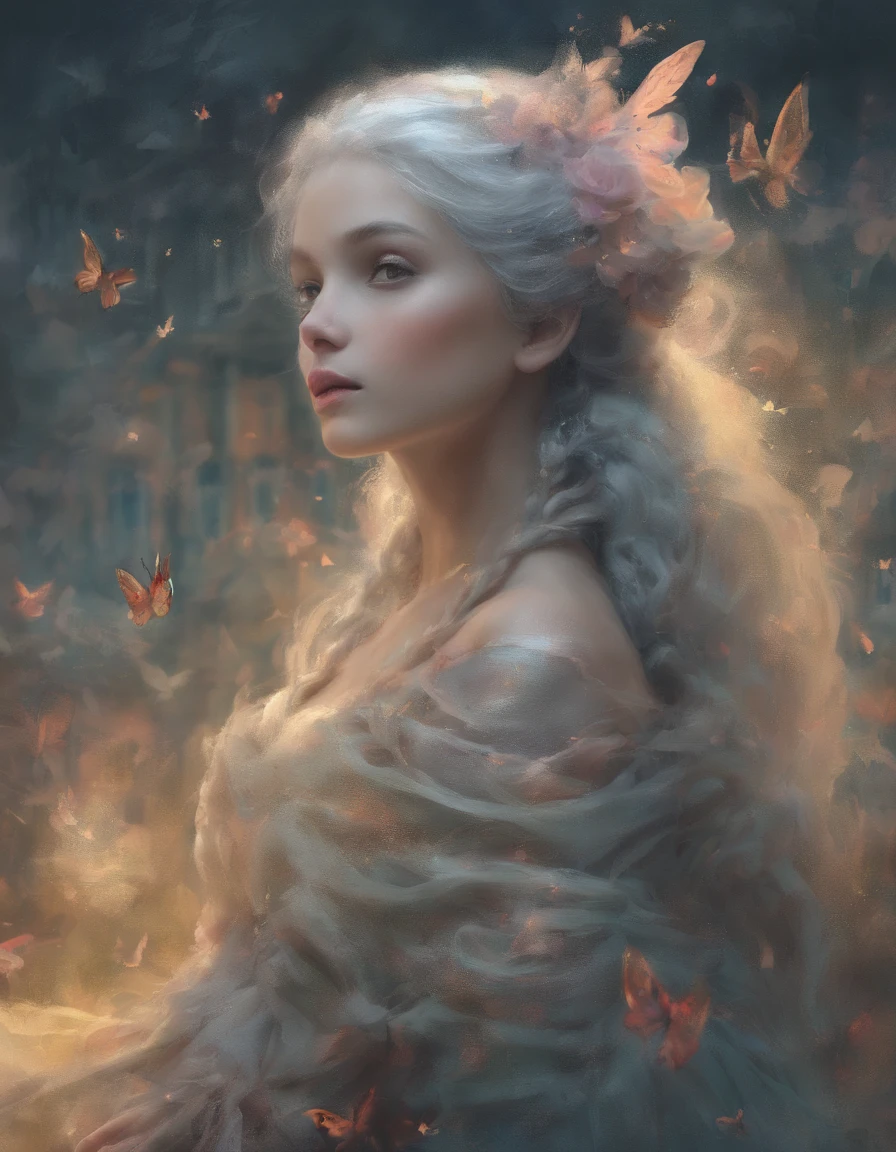 (((3D impressionist illustration, The face is precise))), A Russian girl in her early 20s with ash grey hair, Head to toe full body, Low Contrast, A woman smoking a cigarette on a street corner at dusk