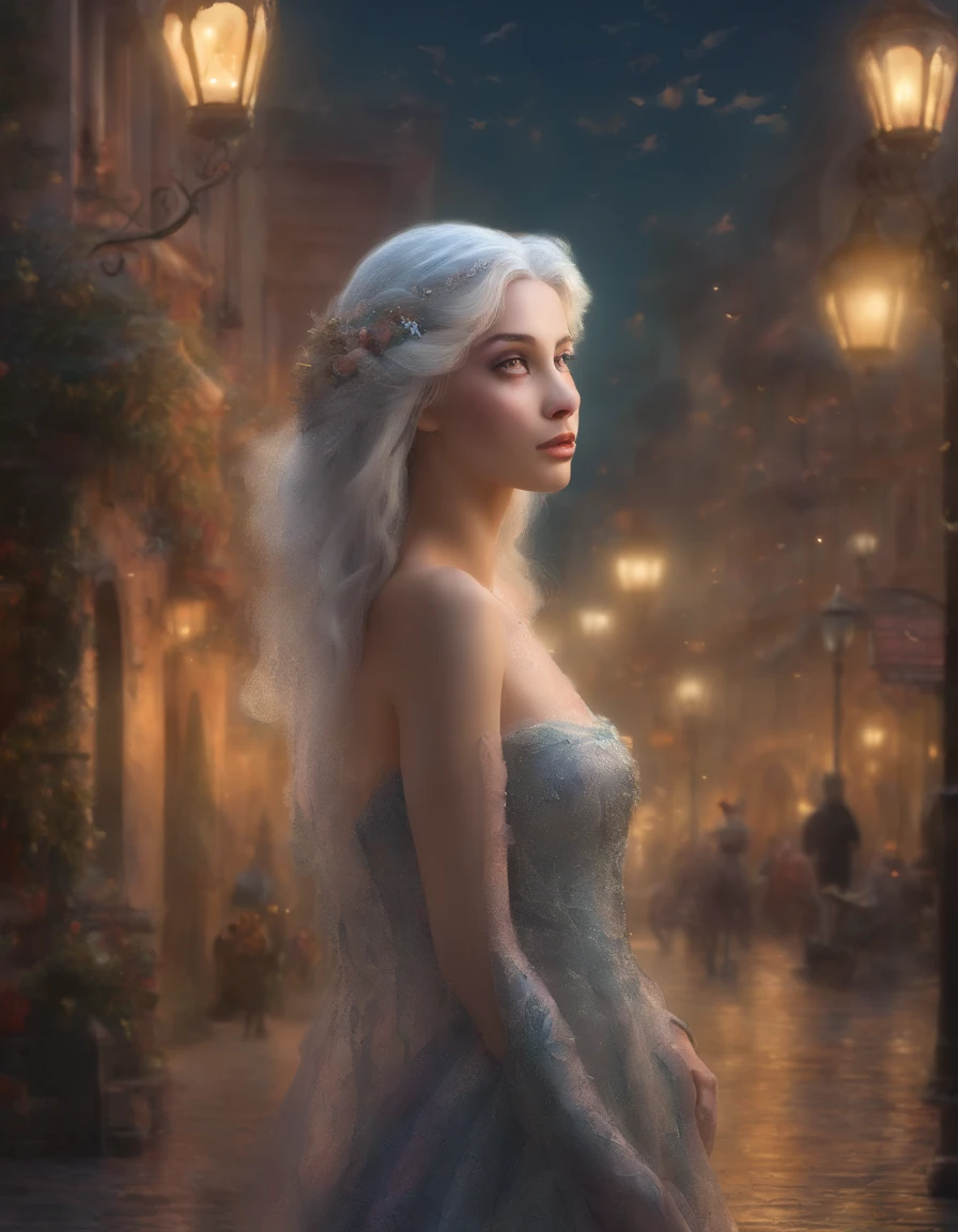 (((3D impressionist illustration, The face is precise))), A Russian girl in her early 20s with ash grey hair, Head to toe full body, Low Contrast, A woman smoking a cigarette on a street corner at dusk