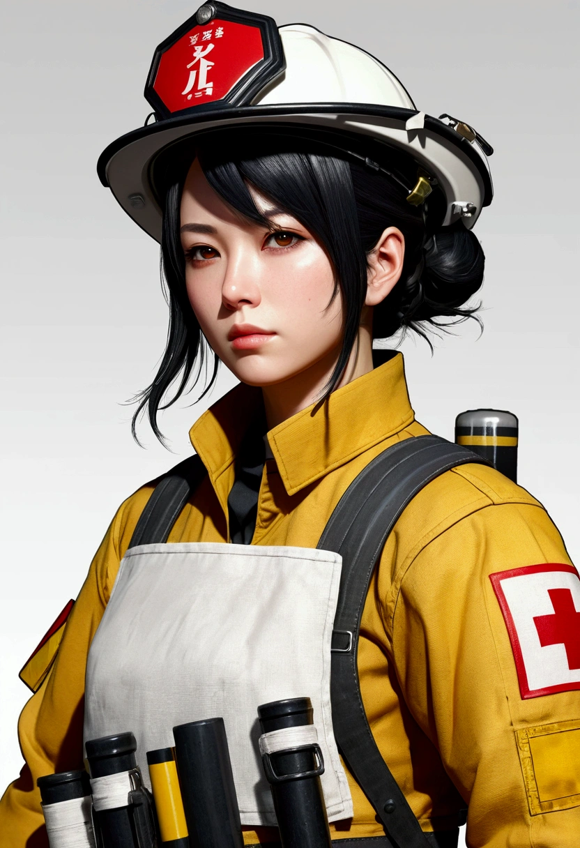 Female firefighter、Short detailed hair、Japanese、Black Hair、Large Breastultiple Concept Designs、Concept design sheet、White background、Yoji Shinkawa style、16-bit pixel art --s 750 --niji 5