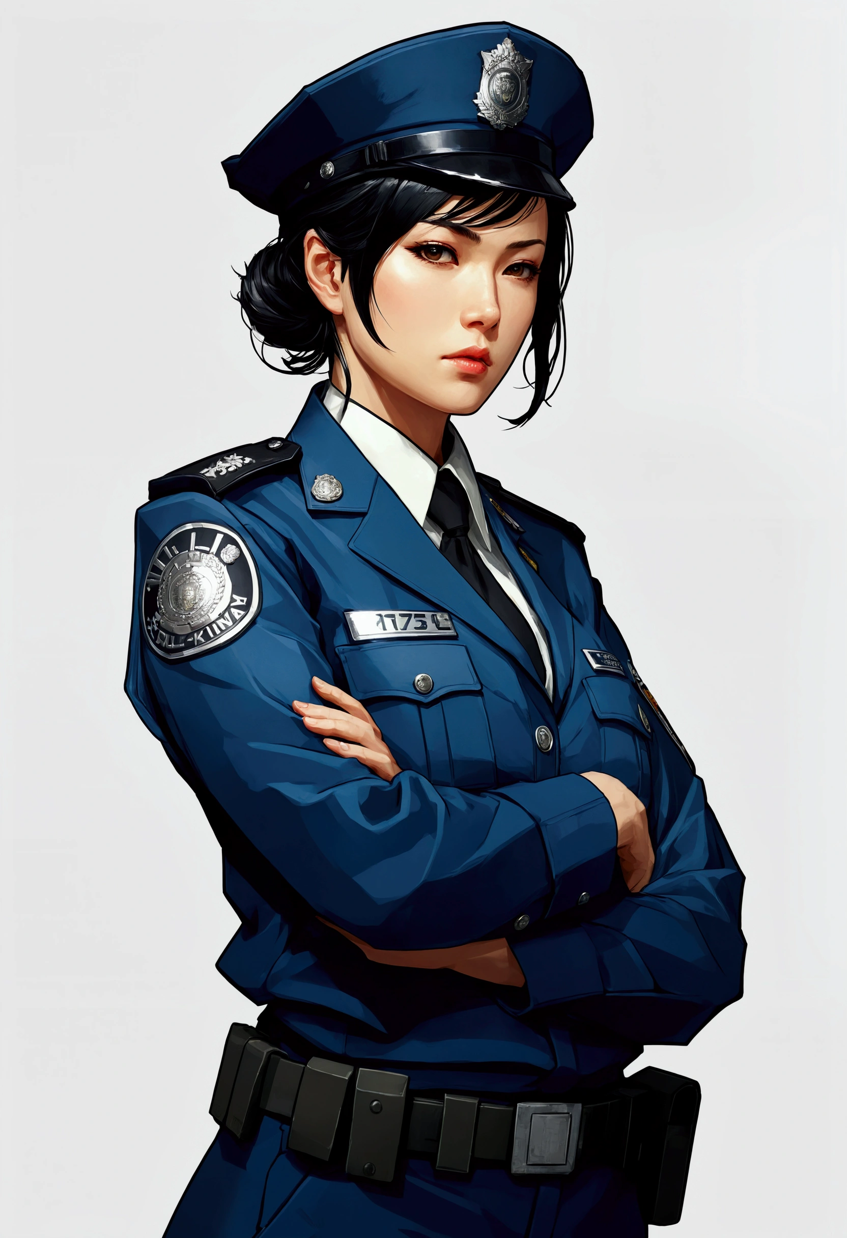 Female police officer、Short detailed hair、Japanese、Black Hair、Large Breastultiple Concept Designs、Concept design sheet、White background、Yoji Shinkawa style、16-bit pixel art --s 750 --niji 5