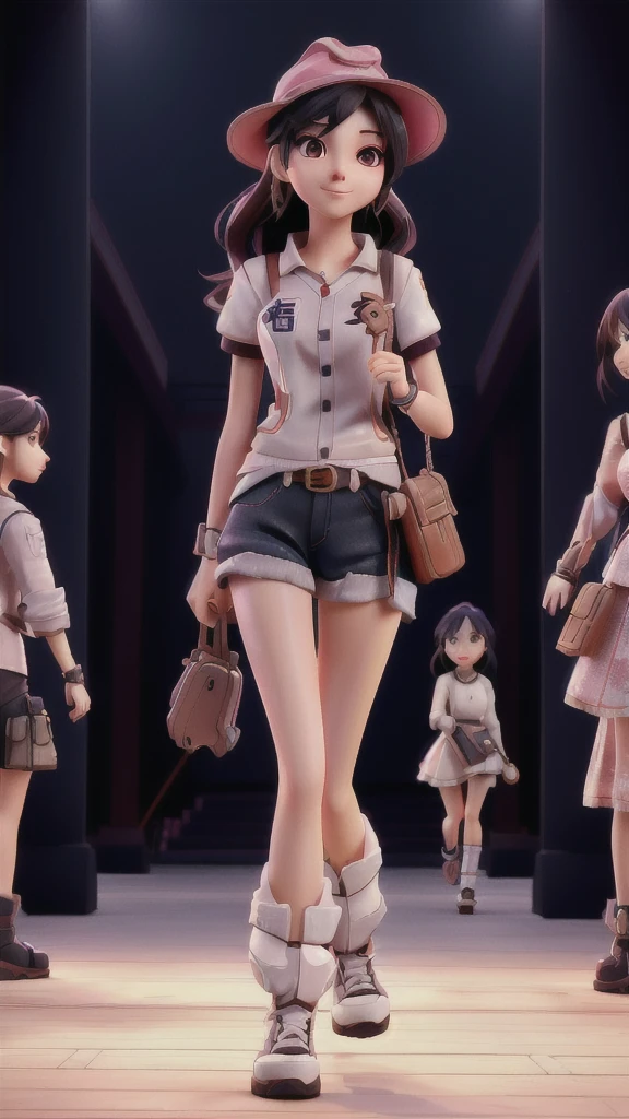 anime characters walking on a stage with a woman in a hat, trending on cgstation, realistic anime 3 d style, artwork in the style of guweiz, urban girl fanart, game cg, smooth anime cg art, anime styled 3d, by Qu Leilei, beautiful digital illustration, stunning digital illustration, perfect android girl family, fashion gameplay screenshot