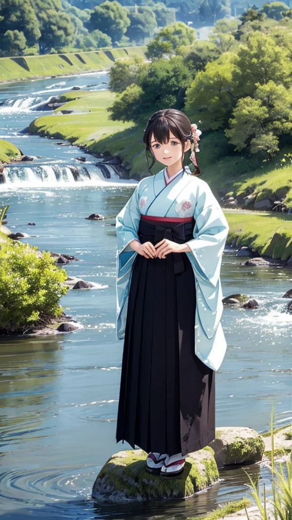 Landscape Wisdom: 、hakama、beautiful girl、A very wide river、Chikuma River、Pure flow of water、Girl standing on the riverbank、Bust up images