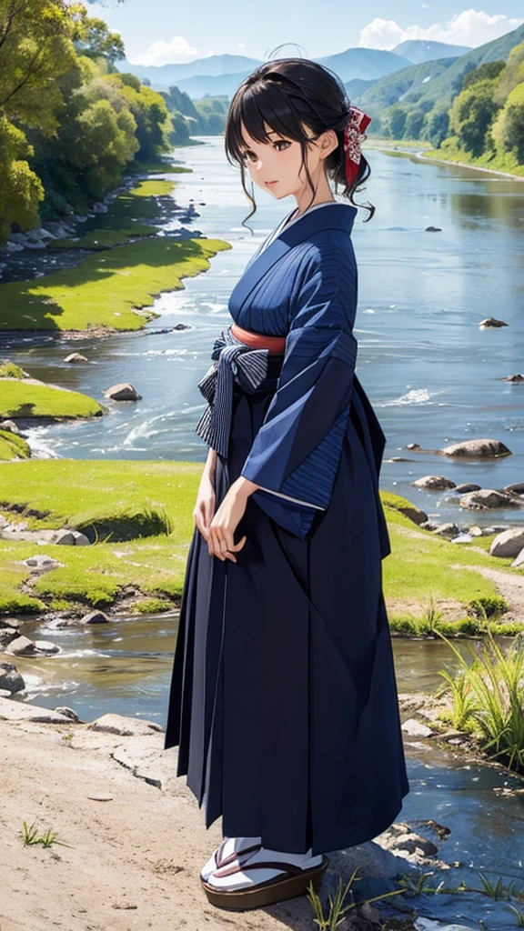Landscape Wisdom: 、hakama、beautiful girl、A very wide river、Chikuma River、Pure flow of water、Girl standing on the riverbank、Bust up images