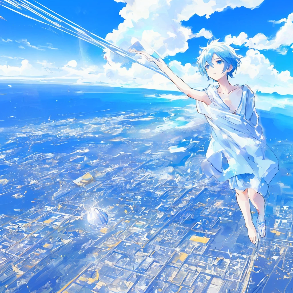 Beautiful blue sky、A city floating in the sky、The boy looking up at it