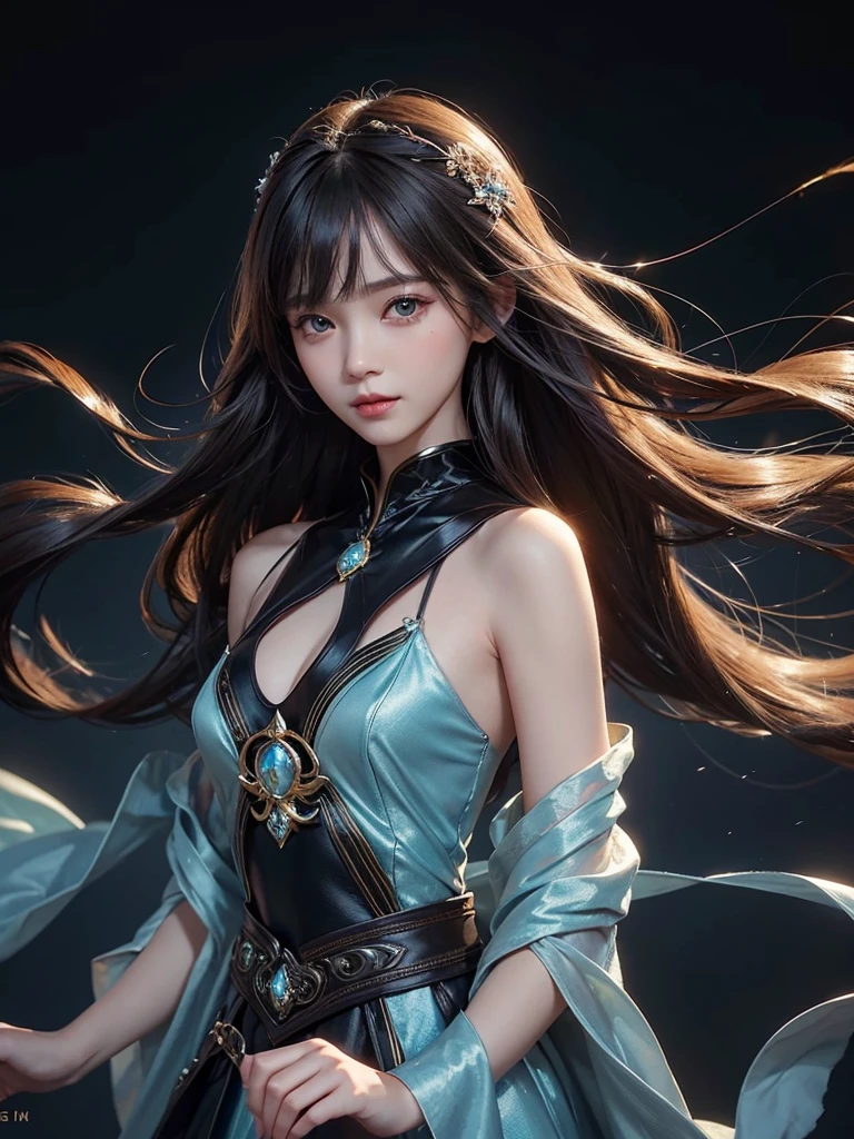 Detailed and vivid depiction of beautiful charming girl posing as a model for photo (dynamic)棕色long hair女子 服装模特( perfect anatomy ) face detailed face. realistic eyes. The face and eyes are very detailed.
Delicate skin.、Delicate skin texture smile, long hair, Fantasy fashion dress glow,, Elegant and flying silk holographic dress , 46-point slanted bangs, dark shadow background, black soft light,
Professional photography master'artwork, texture, complicated, Clear, High-quality masterpieces,Extremely complicated and exquisitely detailed,
Super detailed, Super detailed digital art