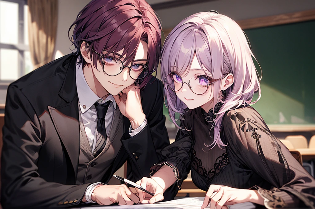 men's,short detailed hair,violet colored hair,(Eye 1:2,Clear eyes,Elaborate Eyes,Delicate pupils,Good eyes,eye detailed),Face Focus,Adult,In black suit,best qualtiy,facial detailing,Classroom,sit on desk,sitting in the couch,lazy,Detailed background,diffuse sunlight,depth of fields,Studying Smiling at your desk, violet eyes,black gloves, round glasses, long sleeves,violet hair, smile,