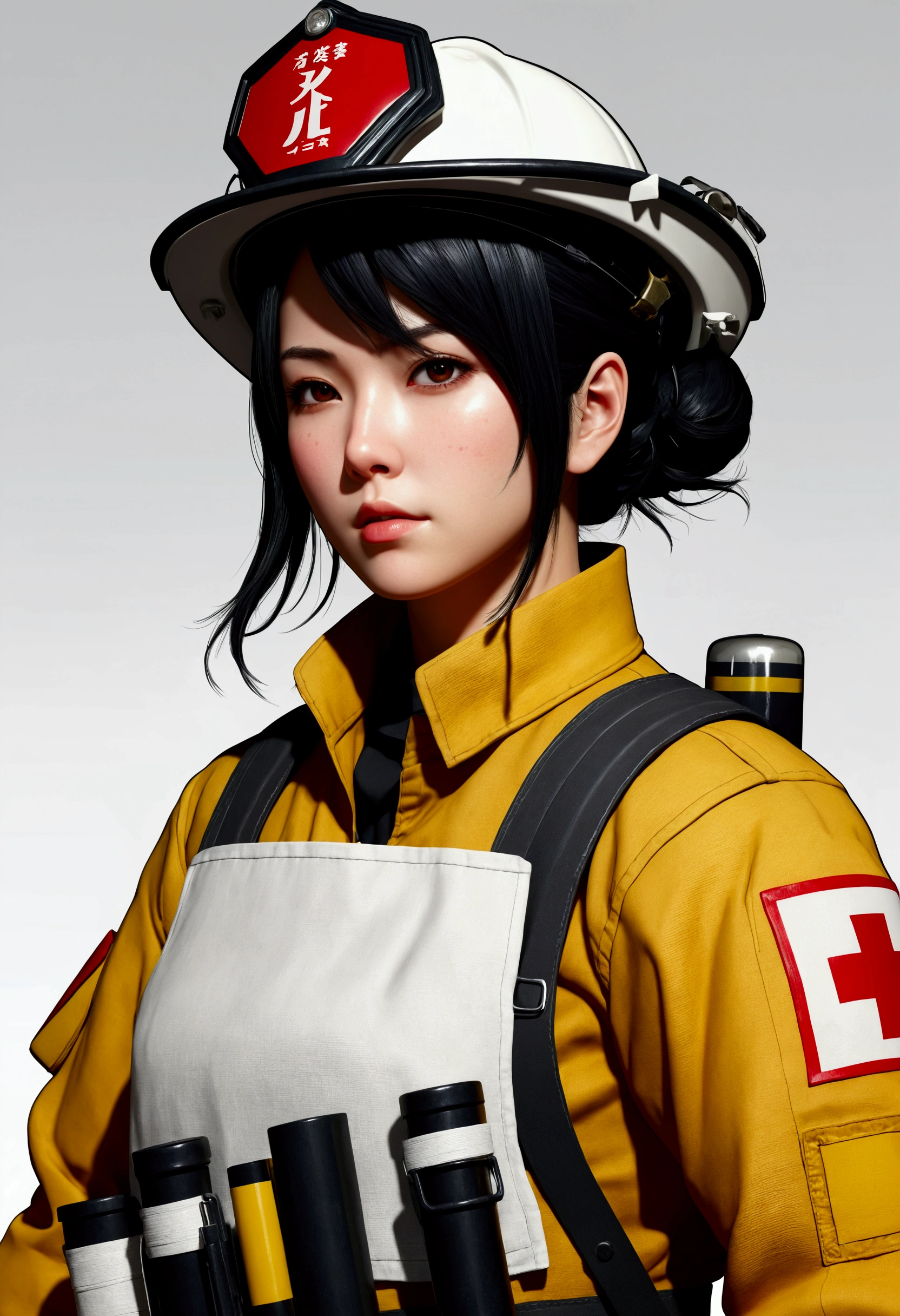 Female firefighter、Short detailed hair、Japanese、Black Hair、Large Breastultiple Concept Designs、Concept design sheet、White background、Yoji Shinkawa style、16-bit pixel art --s 750 --niji 5