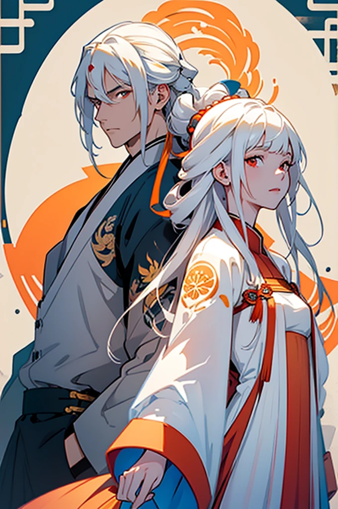 t32k, best quality, masterpiece, super detail, high details, one girl and one boy, two characters who are friends,long white hair,long hair man, white hair young woman in white , blue and orange clothes , red eyes girl with bangs, back to back , calm expression, ancient china , flat background, Chinese pattern background