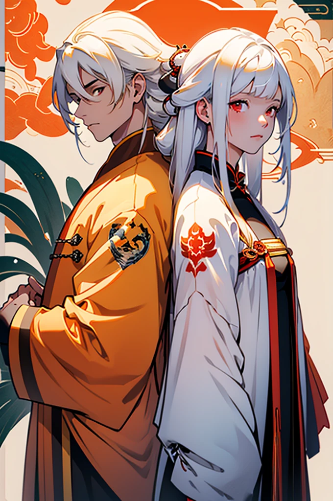 t32k, best quality, masterpiece, super detail, high details, one girl and one boy, two characters who are friends,long white hair,long hair man, white hair young woman in white , blue and orange clothes , red eyes girl with bangs, back to back , calm expression, ancient china , flat background, Chinese pattern background