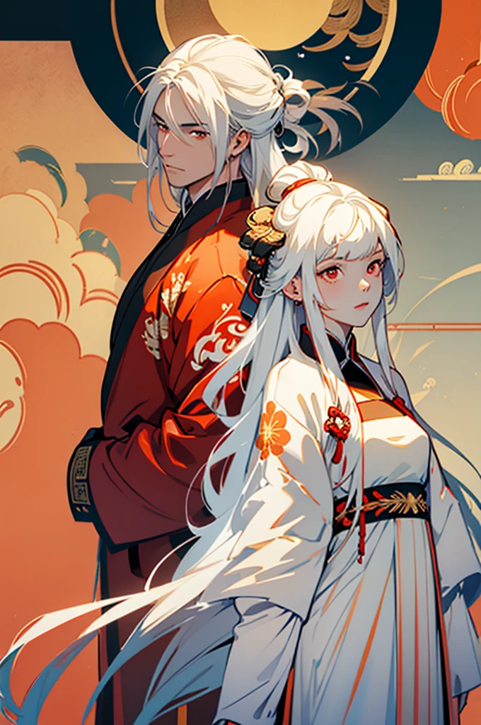 t32k, best quality, masterpiece, super detail, high details, one girl and one boy, two characters who are friends,long white hair,long hair man, white hair young woman in white , blue and orange clothes , red eyes girl with bangs, back to back , calm expression, ancient china , flat background, Chinese pattern background