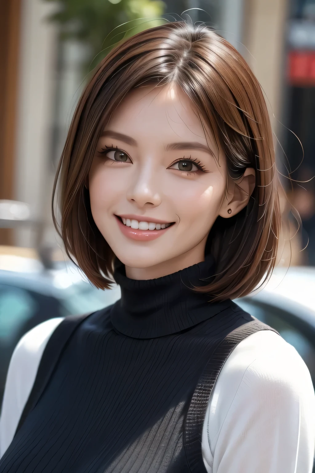 ((masterpiece)), ((Highest quality)), ((Complex)), ((Surreal)), (Realistic), (Mature Woman), ((No classes)), Very detailed, (1 female), Beautiful and exquisite, (Beautiful Teeth), Grin, Brunette bob hair, Brown eyes, ((Turtleneck sweater)), (Upper Body), (background:none), Perfect Eyes, Captivating eyes, Looking at the audience