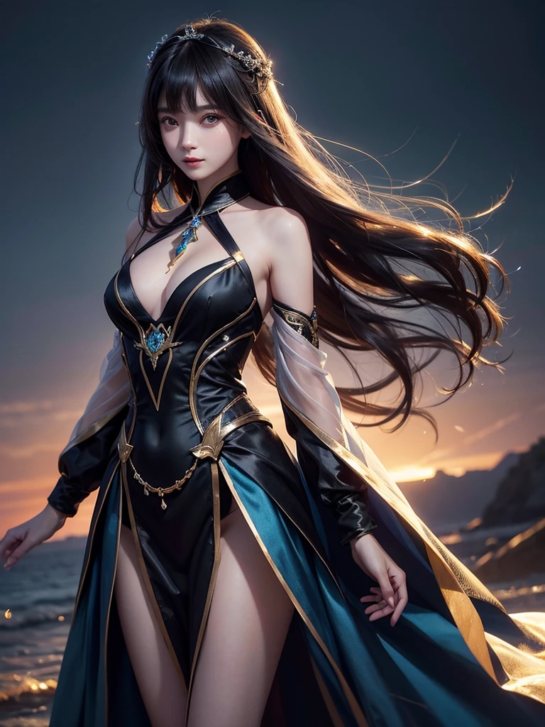 Detailed and vivid depiction of beautiful charming girl posing as a model for photo (dynamic)棕色long hair女子 服装模特( perfect anatomy ) face detailed face. realistic eyes. The face and eyes are very detailed.
Delicate skin.、Delicate skin texture smile, long hair, Fantasy fashion dress glow,, Elegant and flying silk holographic dress , 46-point slanted bangs, dark shadow background, black soft light,
Professional photography master'artwork, texture, complicated, Clear, High-quality masterpieces,Extremely complicated and exquisitely detailed,
Super detailed, Super detailed digital art