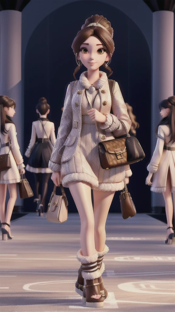anime style picture of a woman walking down a runway with a purse, trending on cgstation, fashion concept art, high fashion classy, luxury fashion illustration, luxury fashion, beautiful digital illustration, fashion study, smooth anime cg art, trending on artstration, fashion gameplay screenshot, digital anime illustration, fashion runway, very detailed and rich clothing, urban girl fanart, detailed fashion illustration