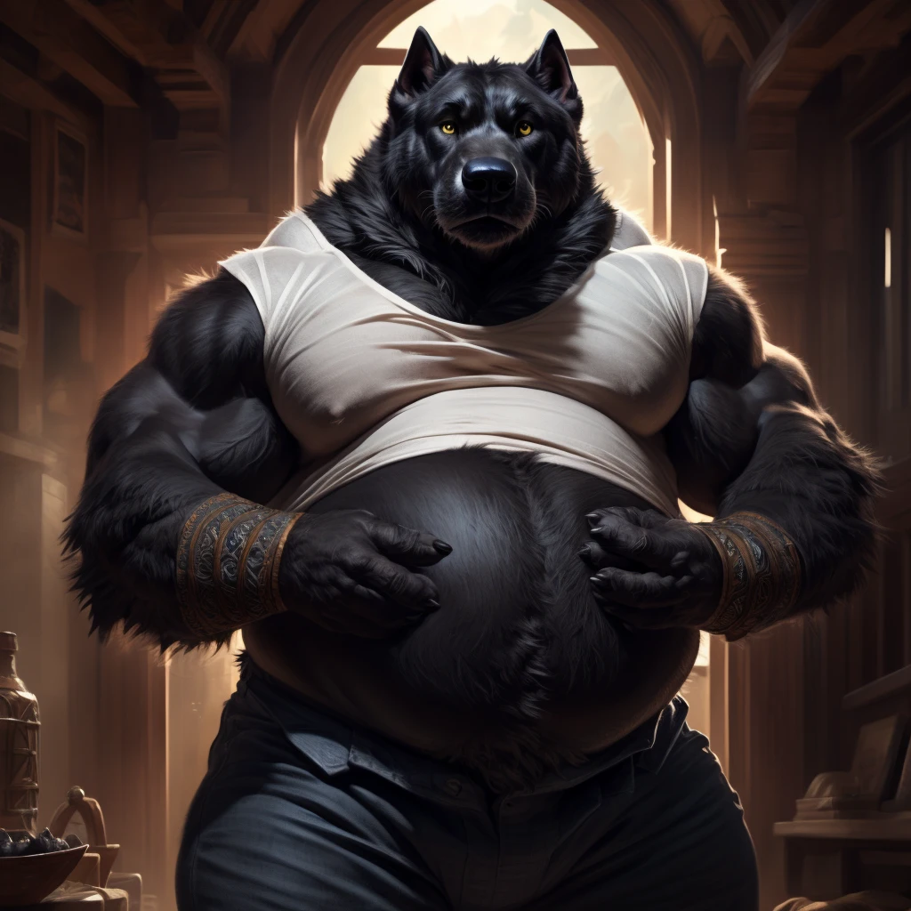 Wearing shirt, wearing pants
Anthro, male,canine,dog, pitbull:1.4, (black fur:1.8),( cut ears:1.0), chubby:1.2, big bloated belly, big body, wide body , thick furry neck and chest fluff, (middle-age), (musclegut:1.4, thick body:1.2), (yellow eyes:1.2),detailed black eyes,tail, detailed fluffy fur, ((intricate detail fluffy fur texture)), (by darkgem),(by OnePotatoATime),(by adios:1.2),(by taran fiddler),4k,masterpiece,full hd, BREAK