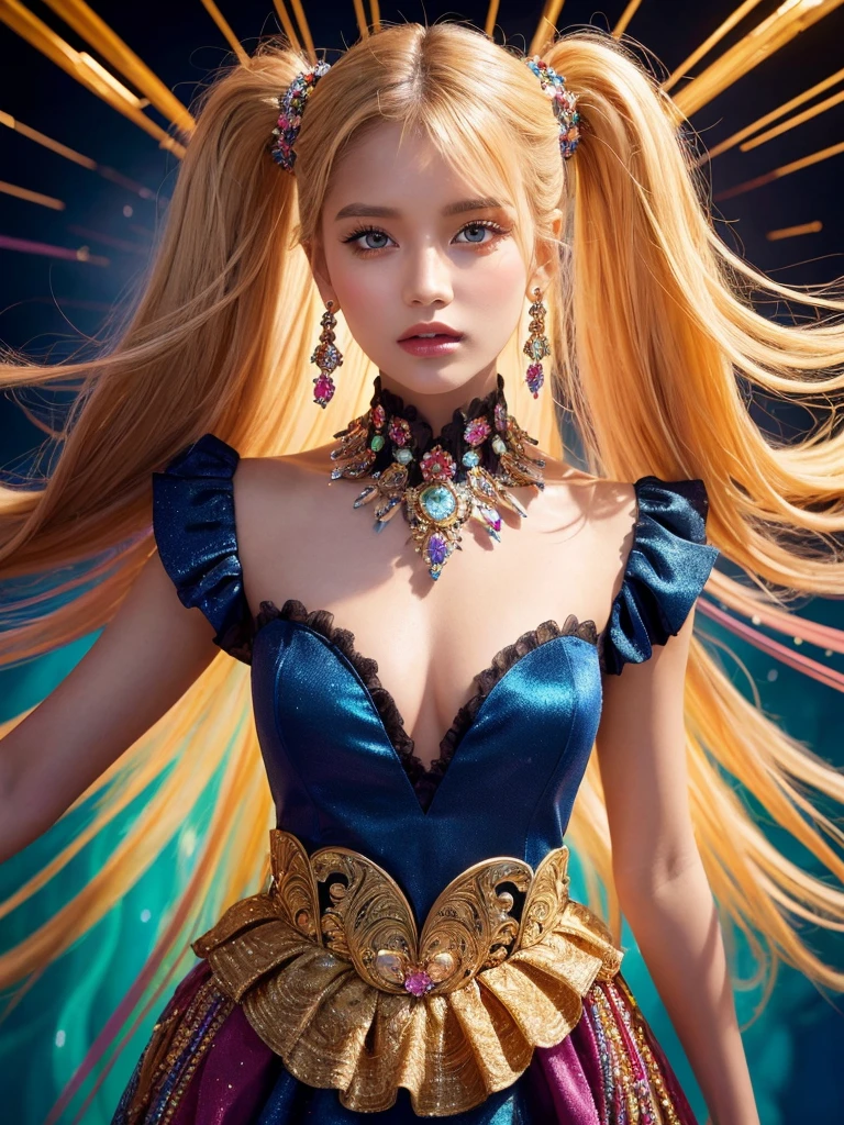A majestic maiden stands amidst a whirlwind of colorful fractal art, her upper body showcased in stunning detail. Her traditional dress shines like polished gemstones against the vibrant, abstract background. Roses bloom around her, woven into intricate patterns with precision and beauty. The subject's skin glows with a radiant sheen, as if kissed by the sun. In a dynamic pose, she radiates confidence and elegance, bathed in a soft, golden light that highlights every aspect of this masterpiece. In a striking 16K UE5 editorial photograph, Olivia Gibbs poses against a vibrant patchwork backdrop reminiscent of ancient Rome's colorful mosaics. The model wears an exquisite Haute Couture ensemble: a lavish velvet dress with intricate ruffles, complemented by a dazzling diamond necklace and earrings forming a collar. Her loose braids adorned with crystal beads shimmer in the bright sunlight, accentuating her features. Against this whimsical setting, Olivia strikes a bold pose, surrounded by blurred lines, distorted shapes, and edgy silhouettes that defy gravity. In a vibrant, swirling vortex of psychedelic art, a 1.3-meter-tall blonde-haired girl with twintails stands confidently, her eyes glowing with an otherworldly intensity. She wears oversized street-inspired clothing with graphic prints and bold accessories, exuding an air of futuristic coolness. The cowboy shot framing captures her striking figure, with the digital sculpture's 3D form seemingly bursting forth from a sea of hallucinatory visuals. Mind-expanding imagery abounds in this ultra-detailed, high-resolution artwork, a true masterpiece of innovative design and cutting-edge technology. random rainbow color