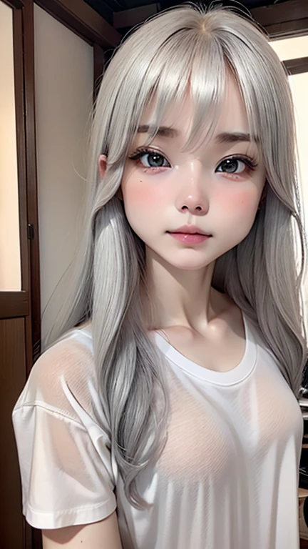 white shirt、19 years old、Ash gray hair