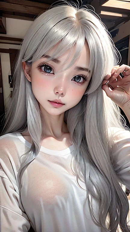 white shirt、19 years old、Ash gray hair