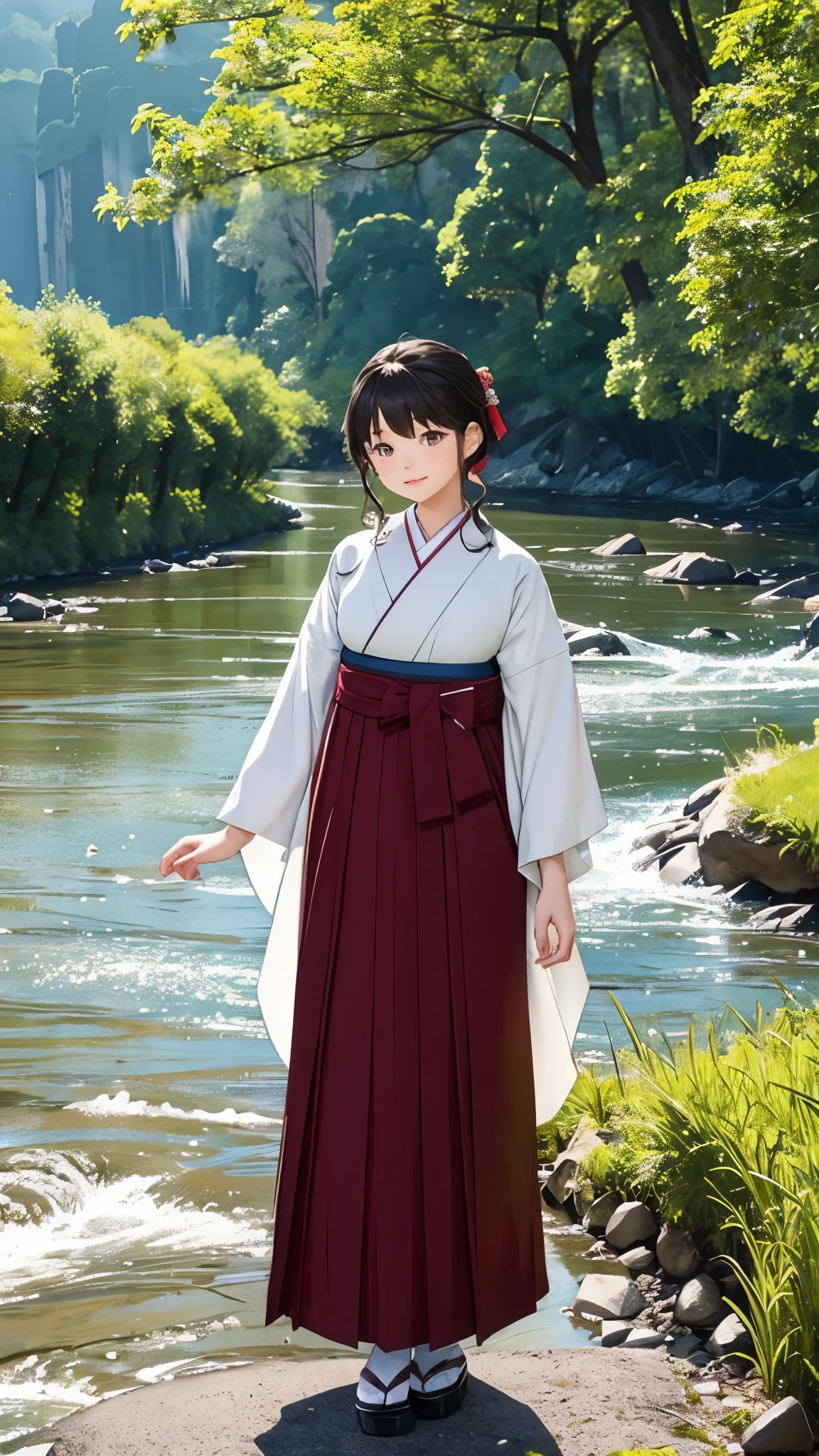 Landscape Wisdom: 、hakama、beautiful girl、A very wide river、Chikuma River、Pure flow of water、Girl standing on the riverbank、Bust up images