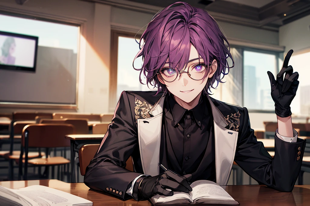 men's,short detailed hair,violet colored hair,(Eye 1:2,Clear eyes,Elaborate Eyes,Delicate pupils,Good eyes,eye detailed),Face Focus,Adult,In black suit,best qualtiy,facial detailing,Classroom,sit on desk,sitting in the couch,lazy,Detailed background,diffuse sunlight,depth of fields,Studying Smiling at your desk, violet eyes,black gloves, round glasses, long sleeves,violet hair, smile,