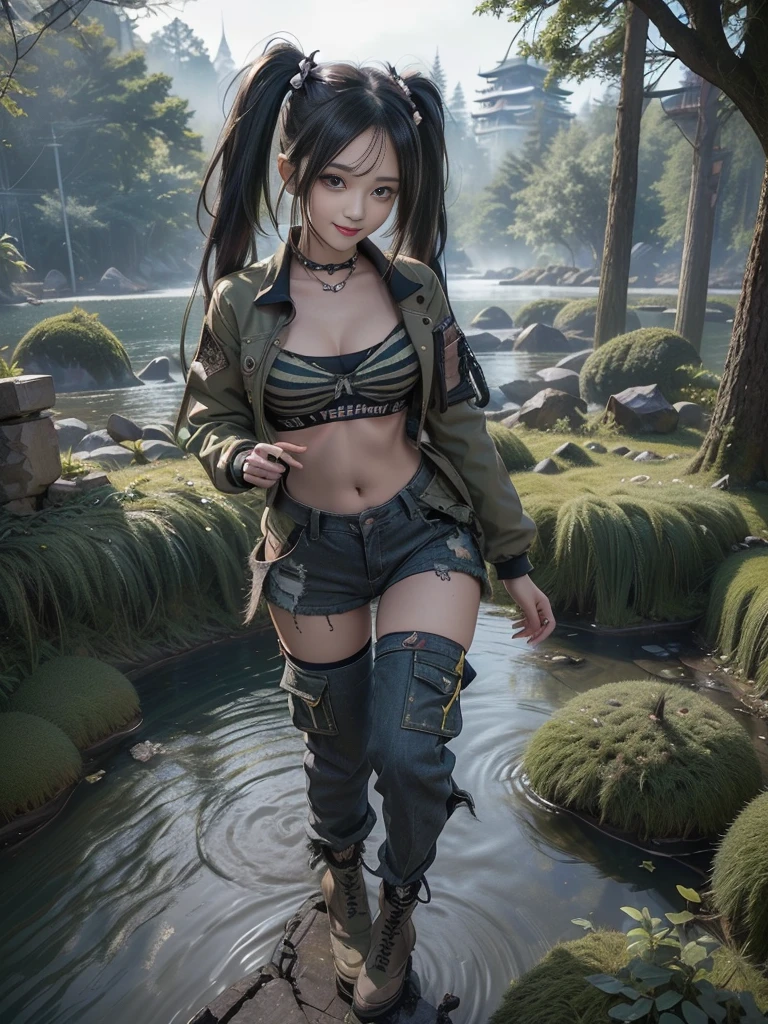 (Full Body View:1.2)、(Hostess:1.3)、(Smiling with teeth showing:1.3),(Shibuya Gal:1.5)、(Landmine Girl:1.4)、(Lolita Fashion:1.5)、(Punk RockVisual Kei:1.4)、(A modern short jacket in dark grey and moss green.:1.5)、(Tattered brown and charcoal denim low rise cargo pants:1.5)、(Mustard Yellow Headband:1.3)、(Charcoal and khaki striped knee socks:1.4)、collar、(Brown platform long boots)、(Clothing with logo pattern:1.4)、20-year-old、Browsing Caution,((Highest quality、In 8K、masterpiece:1.3))、Sharp focus:1.2、(Layered Cut、Huge breasts:1.1),Beautiful woman with perfect figure:1.4、(Doing an aerobics pose:1.3)、Slim Abs:1.2、Butt、Highly detailed face and skin texture、Fine grain、double eyelid,(Twin tails:1.3)、(Black brown hair:1.3)、Obscene、Idol Sculpture、(The landscape is a beautiful temple of water and forest:1.3)、(Slimming your legs:1.4)、(The body is slim:1.3)、(clavicle:1.1)