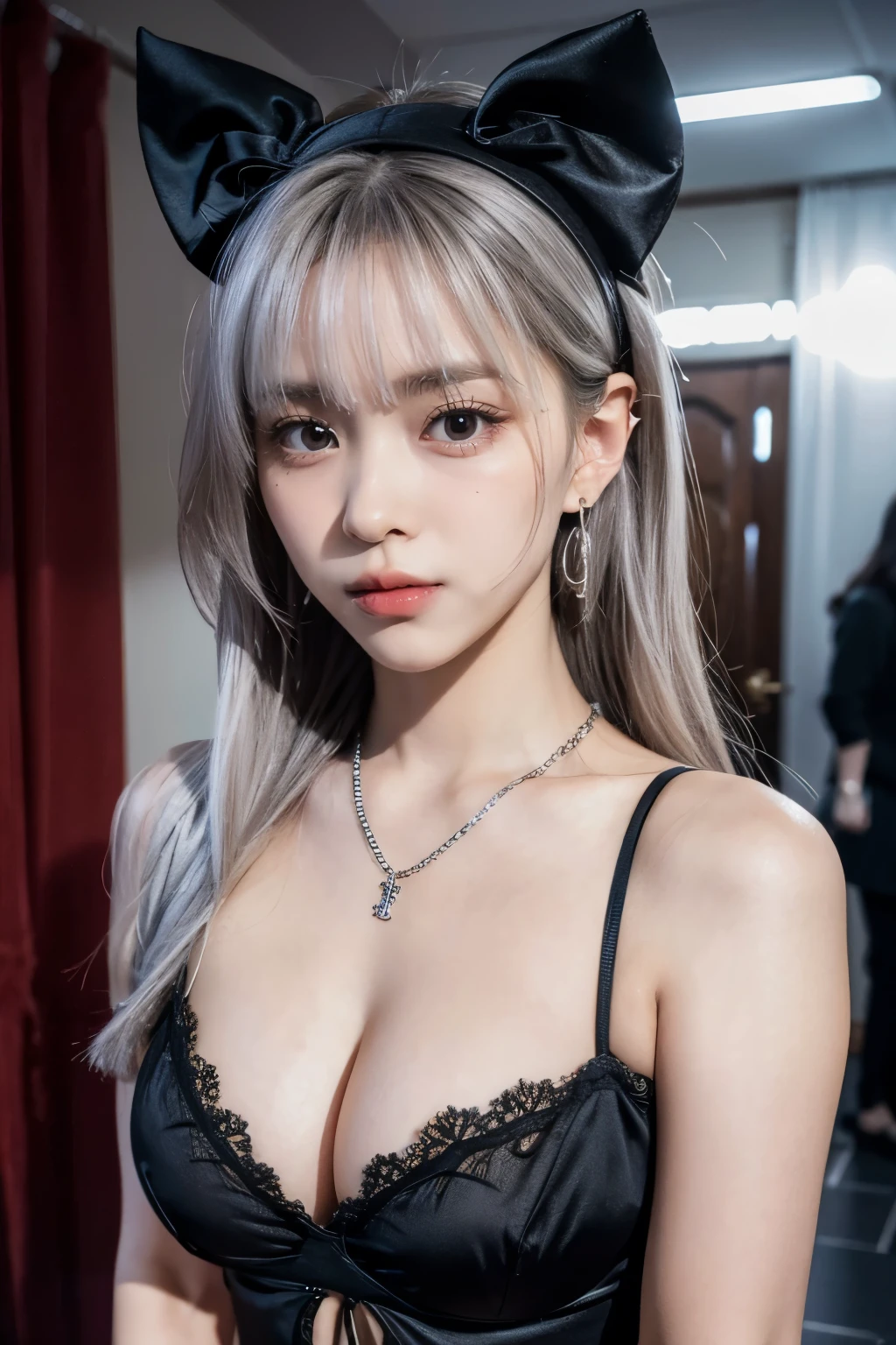 1girl, High quality, rich in detail, twin-tailed silver-haired girl posing cutely. They wear vintage Gothic gothic clothes, wearing bracelets, earrings and necklaces. Big are also visible. The photo is a close-up of the face, with cleavage, shiny breasts, sweat in the cleavage, and a sexy vibe.