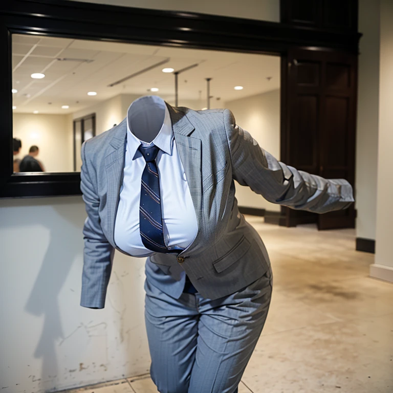 leaning forward, school blouse, pants suit style, stripe tie, fat, cute big breasts, (invisible, no human, headless, handless:1.5)