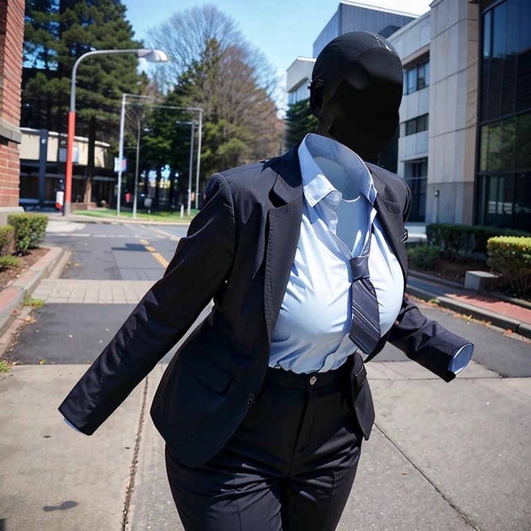 leaning forward, school blouse, pants suit style, stripe tie, fat, cute big breasts, (invisible, no human, headless, handless:1.5)