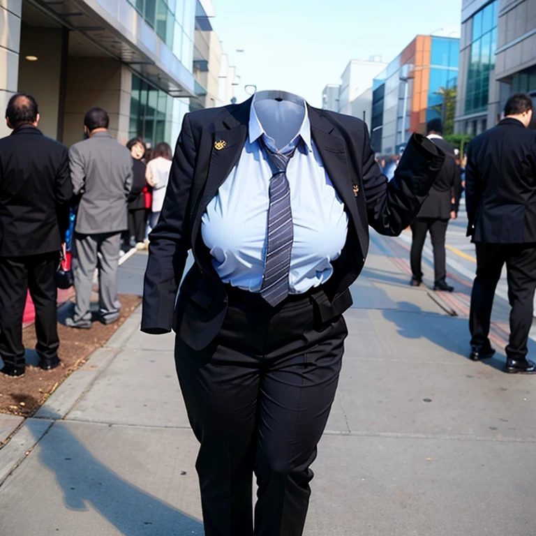 leaning forward, school blouse, pants suit style, stripe tie, fat, cute big breasts, (invisible, no human, headless, handless:1.5)