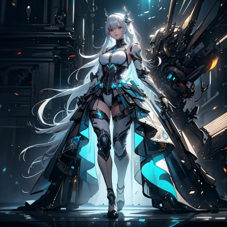 (artwork, highest quality, highest resolution, distinct_image, detailed details): (8K, 4K, best quality, High resolution: 1.2), artwork, Ultra-detailed, hyper details, cinematic Light, Alone, woman, long white hair, tight metallic clothes, black white and blue clothes, fighting robot, mature, perfect body, thin waist, heroine fighter pose, full body, looking at the viewer, detailed_background, full_body, dynamic_angle