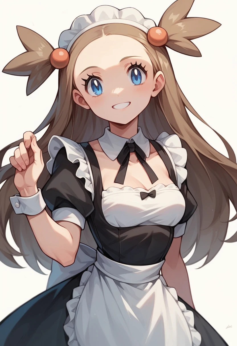 (masterpiece, best quality:1.2,ultra detailed,8k),1girl,solo,Jasmine \(pokemon\),Maid outfit,blue eyes,brown hair,long hair,looking at viewer,two side up,hair ornament,smile