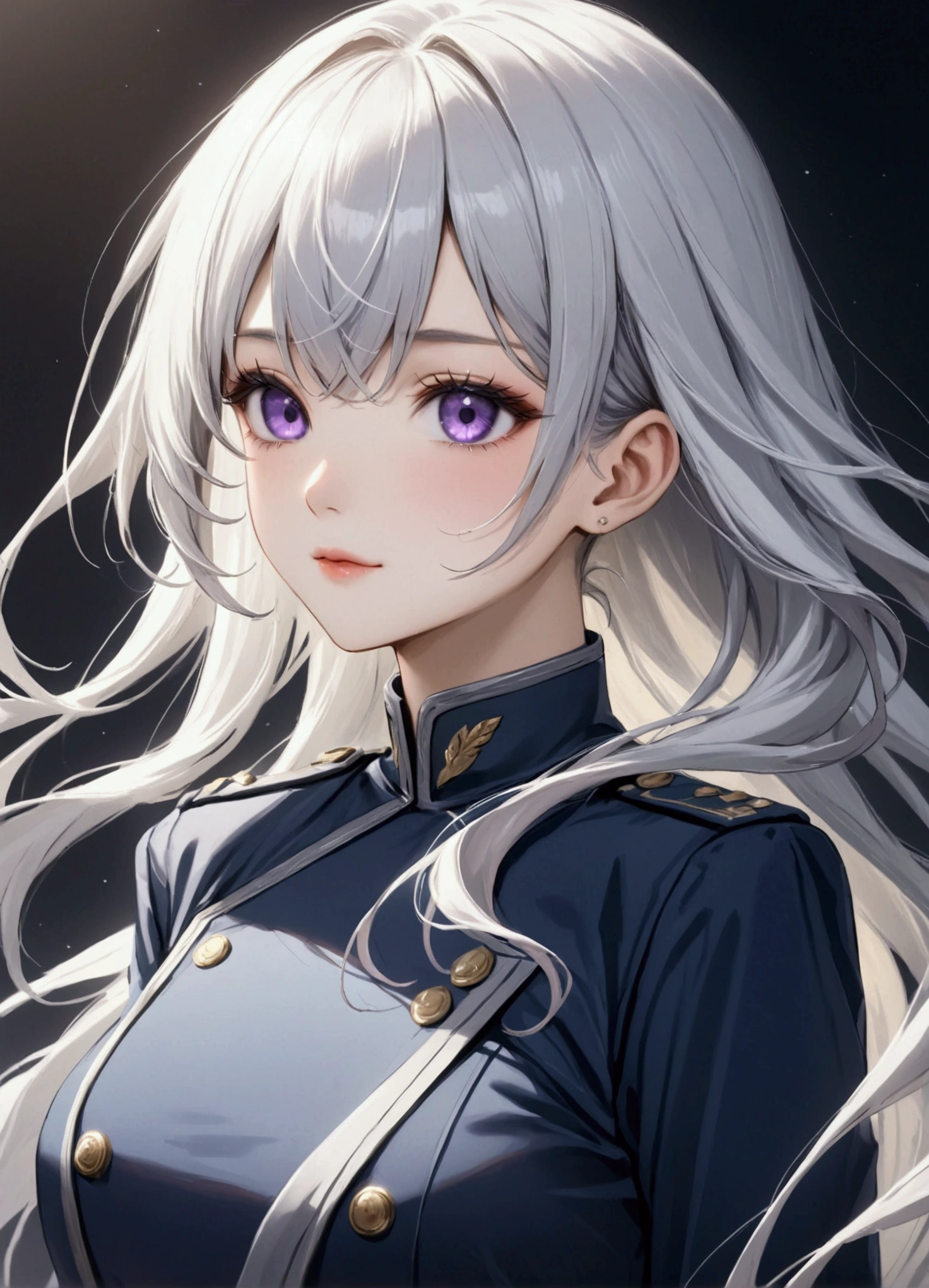 Highest quality、Delicate depiction、Beautiful woman、Silver Hair、Long Hair、Amethyst Eyes、Blue-gray military uniform、