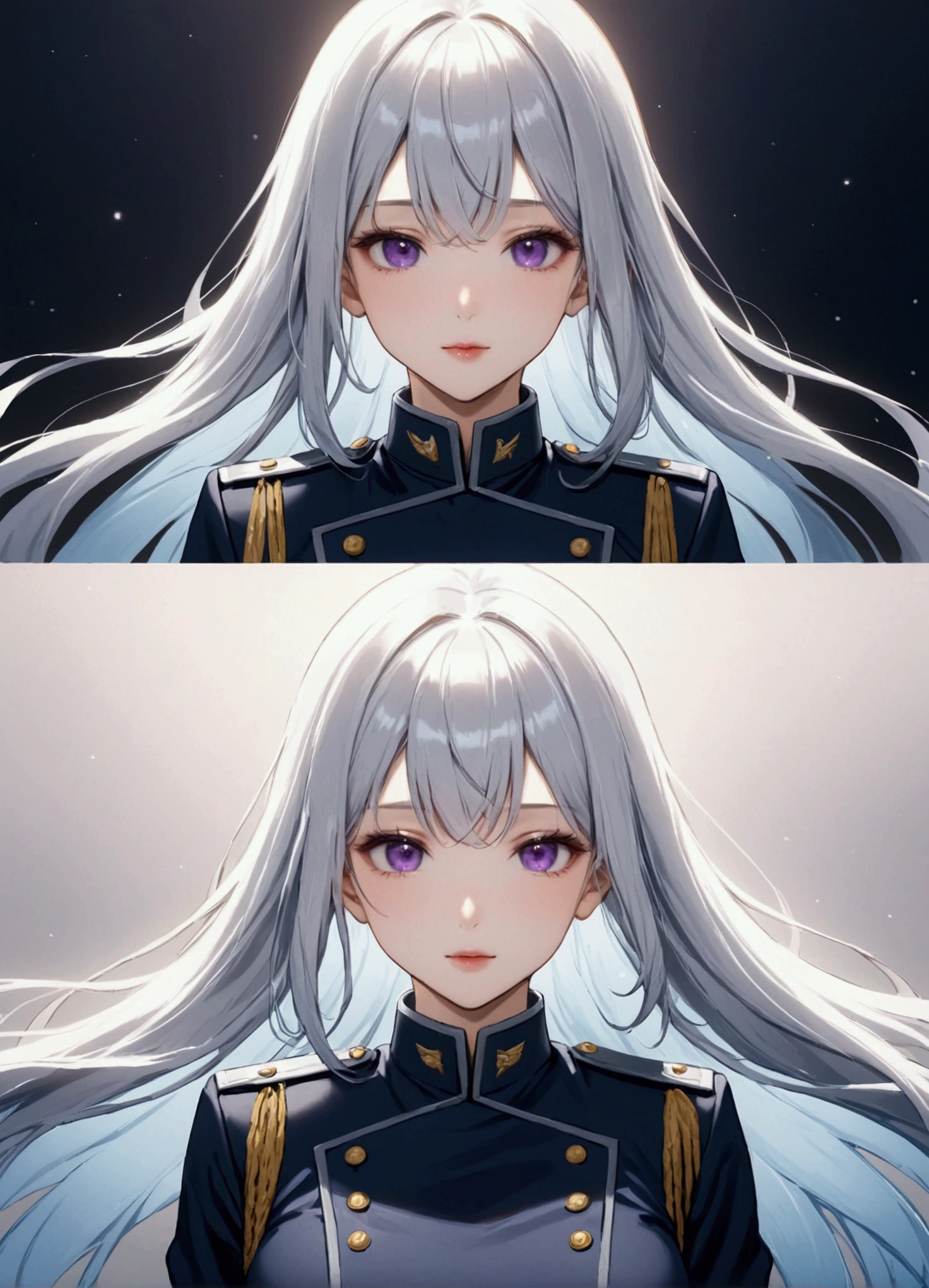 Highest quality、Delicate depiction、Beautiful woman、Silver Hair、Long Hair、Amethyst Eyes、Blue-gray military uniform、