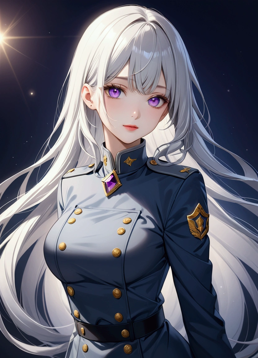 Highest quality、Delicate depiction、Beautiful woman、Silver Hair、Long Hair、Amethyst Eyes、Blue-gray military uniform、