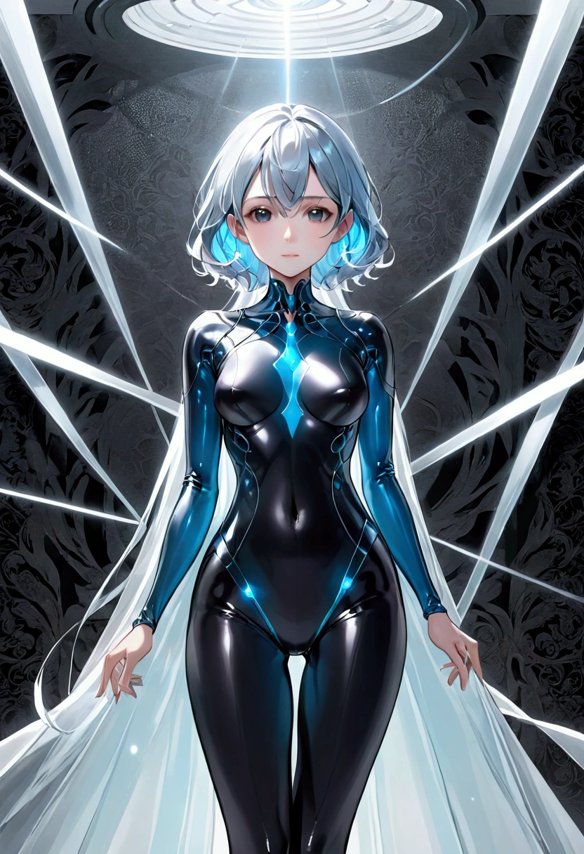 Mature Girl with light blue hair with silver highlight,black eyes,tall rectangular body figure, 