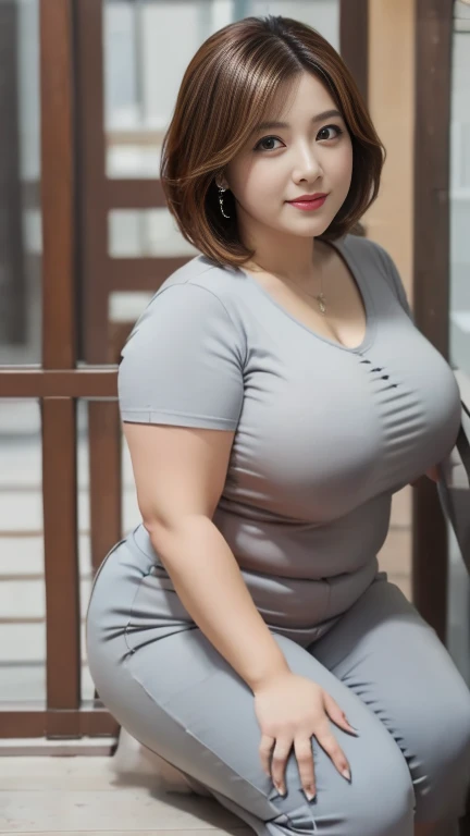 (8K, best quality, masterpiece, Golden Ratio Composition,:1.3, Panoramic view, Full body picture), (40-year-old plump Japanese woman), (90 kg obese body),  (Wearing a turtleneck :1.2), (Legs close-up), (Intellectual beauty),  (Plump long legs),  (Huge breasts), (No upper body exposed),  (Cropped pants), (Wear work clothes), Soft face line, Gentle and beautiful, (Silver short hair),