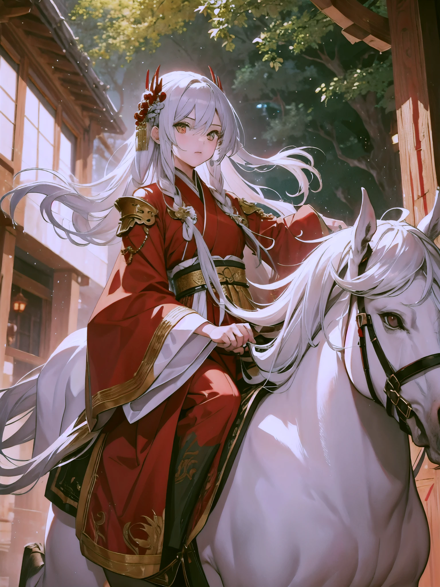 silver hair，golden eyes，Ancient hair accessories，long hair，Red Hanfu armor，red clothes，Hanfu，handsome man，riding a horse，youth