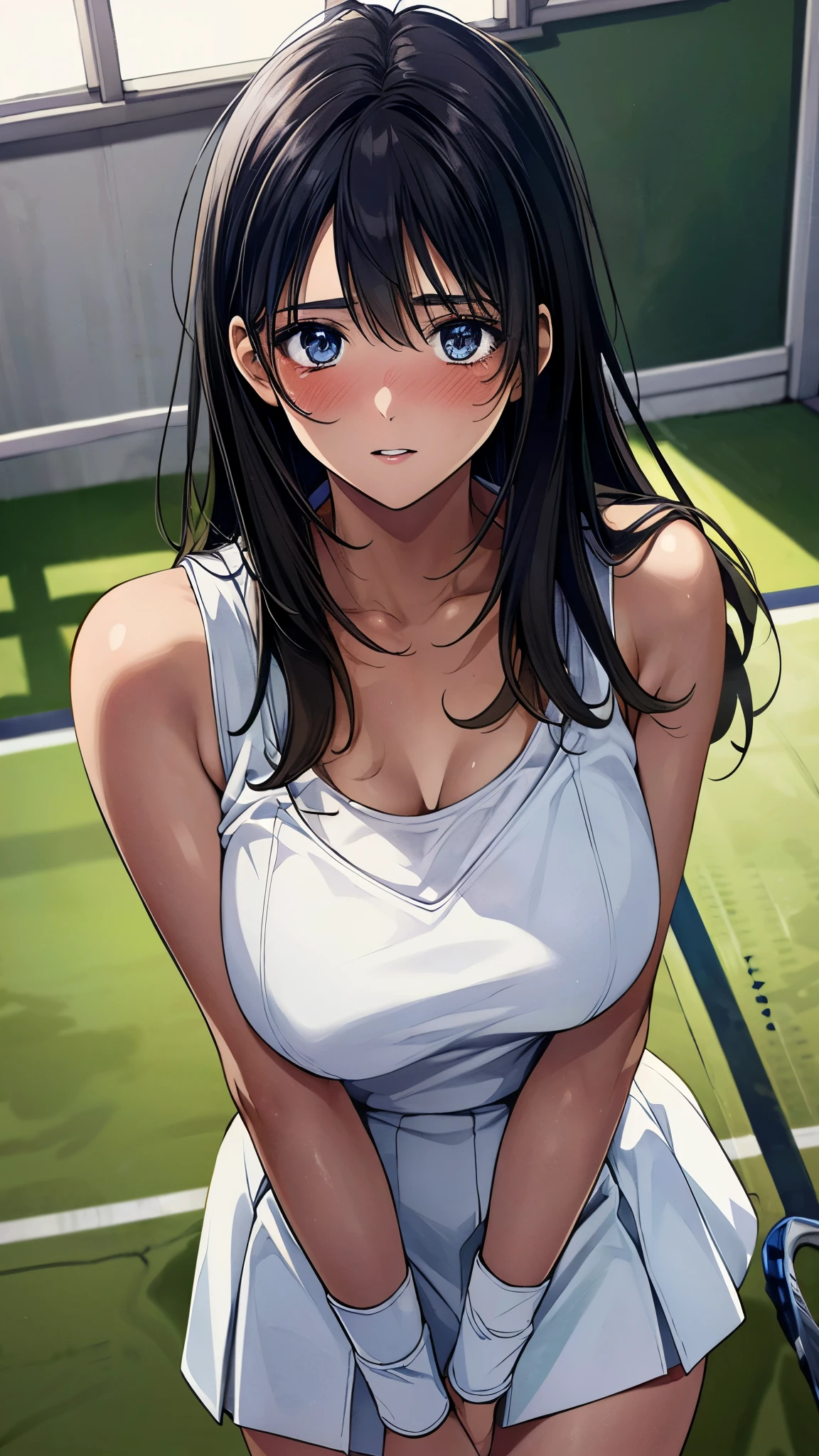 (masterpiece:1.2, top-quality, ultra high res, ultra detailed), (realistic, photorealistic:1.2), beautiful illustration, perfect lighting, natural lighting, colorful, depth of fields, nsfw, vulgality, 
beautiful detailed hair, extremely detailed face, beautiful detailed eyes, beautiful clavicle, beautiful body, beautiful chest, beautiful thigh, beautiful legs, beautiful fingers, 
looking at viewer, (from above), 1 girl, kitamurakaori, (perfect anatomy, anatomically correct, super detailed skin), cute and symmetrical face, 
perfect face, perfect eyes, perfect body, perfect fingers, (skindentation), white skin, shiny skin,  
(long hair, straight hair, messy hair:0.6, black hair), swept bangs, blue eyes, drooping eyes, long eyelashes, (large breasts, large hip, seductive thighs), slender, outstanding style, 
(white tennis tanktop, white tennis skirt, blue tennis wristbands), 
(beautiful scenery), evening, (classroom:1.2), standing, (docile, parted lips), 