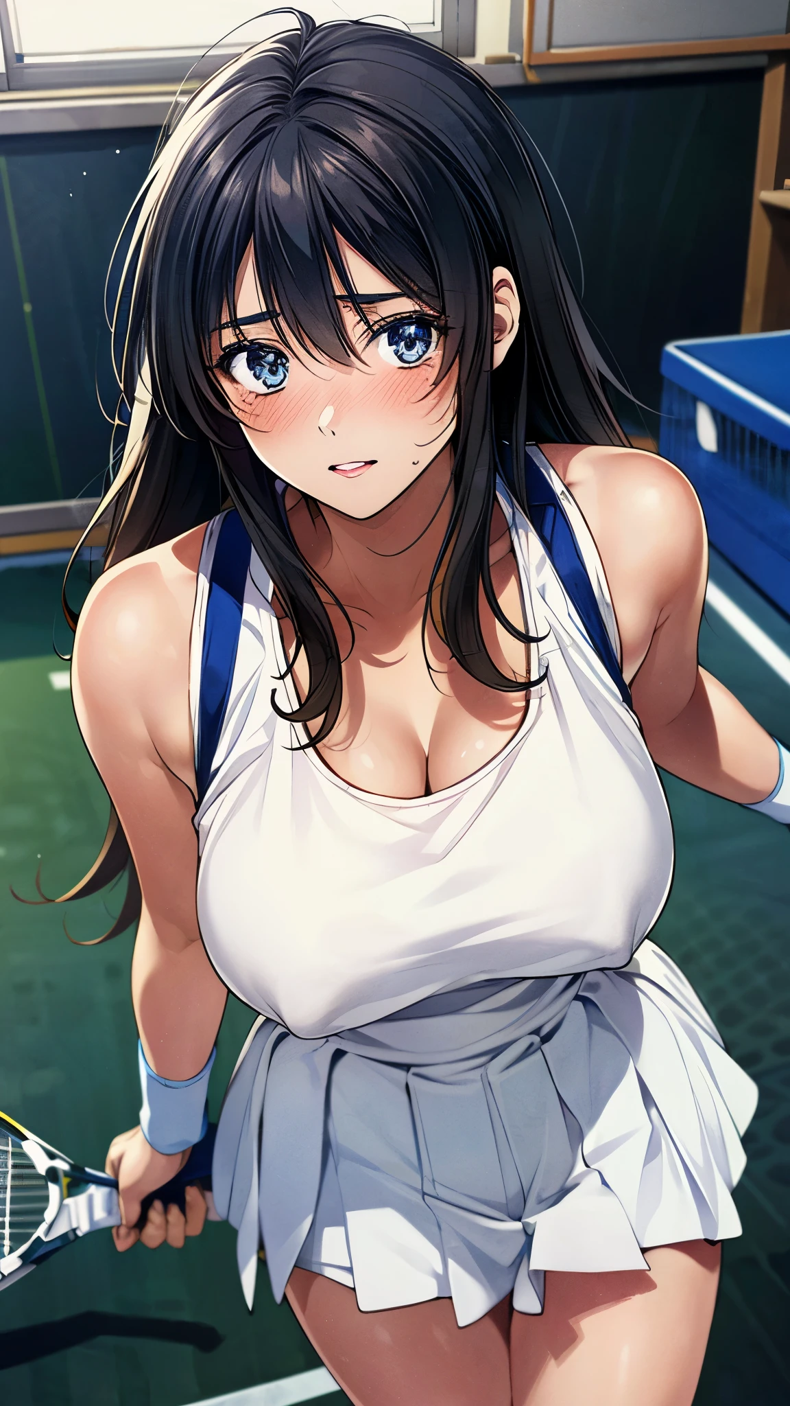 (masterpiece:1.2, top-quality, ultra high res, ultra detailed), (realistic, photorealistic:1.2), beautiful illustration, perfect lighting, natural lighting, colorful, depth of fields, nsfw, vulgality,
beautiful detailed hair, extremely detailed face, beautiful detailed eyes, beautiful clavicle, beautiful body, beautiful chest, beautiful thigh, beautiful legs, beautiful fingers,
looking at viewer, (from above), 1 girl, kitamurakaori, (perfect anatomy, anatomically correct, super detailed skin), cute and symmetrical face,
perfect face, perfect eyes, perfect body, perfect fingers, (skindentation), white skin, shiny skin,
(long hair, straight hair, messy hair:0.6, black hair), swept bangs, blue eyes, drooping eyes, long eyelashes, (large breasts, large hip, seductive thighs), slender, outstanding style,
(white tennis tanktop, white tennis skirt, blue tennis wristbands),
(beautiful scenery), evening, (classroom:1.2), standing, (docile, parted lips),