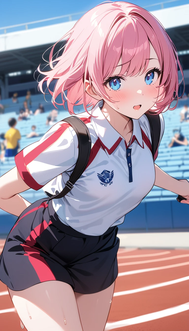 (1 girl),(Best Picture Quality, 8K, Masterpiece:1.3), (high school student:1.5), ((pink lob hair:1.1)), (bob cut),(swept bangs), (cute eyes, pupil black, iris skyblue, youthful face), (mole under right eye), (standard weight), (small breasts),(big hip), (glistening skin:1.2),(pale skin:1.2),(track and field uniform),(Running),(sweat:1.1),(side angle).
