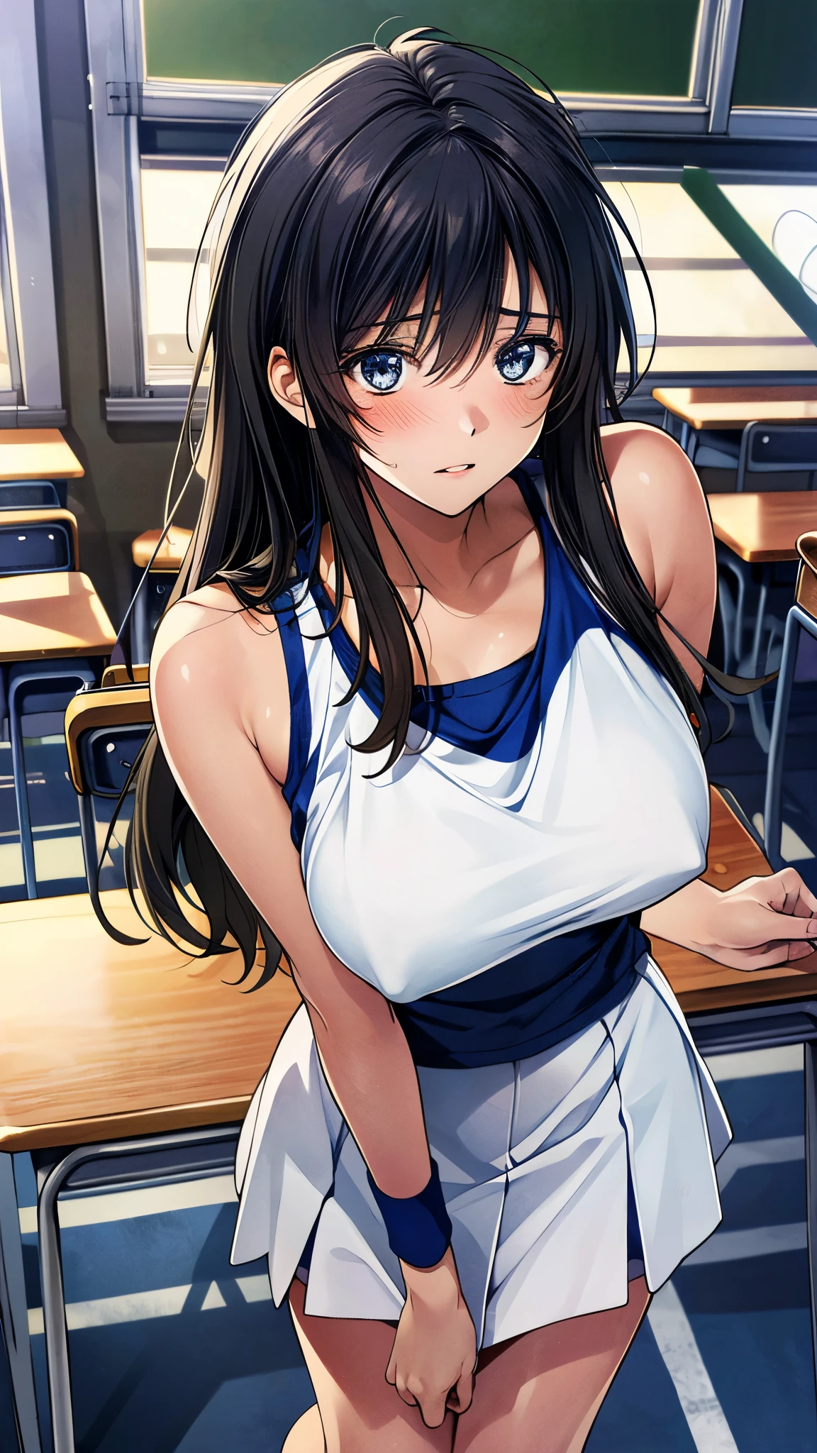 (masterpiece:1.2, top-quality, ultra high res, ultra detailed), (realistic, photorealistic:1.2), beautiful illustration, perfect lighting, natural lighting, colorful, depth of fields, nsfw, vulgality,
beautiful detailed hair, extremely detailed face, beautiful detailed eyes, beautiful clavicle, beautiful body, beautiful chest, beautiful thigh, beautiful legs, beautiful fingers,
looking at viewer, (from above), 1 girl, kitamurakaori, (perfect anatomy, anatomically correct, super detailed skin), cute and symmetrical face,
perfect face, perfect eyes, perfect body, perfect fingers, (skindentation), white skin, shiny skin,
(long hair, straight hair, messy hair:0.6, black hair), swept bangs, blue eyes, drooping eyes, long eyelashes, (large breasts, large hip, seductive thighs), slender, outstanding style,
(white tennis tanktop, white tennis skirt, blue tennis wristbands),
(beautiful scenery), evening, (classroom:1.2), standing, (docile, parted lips),