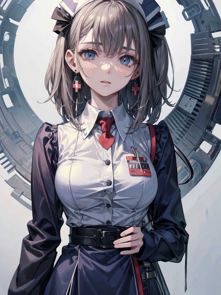 (nurse uniform:1.2), absurdres, RAW photo, extremely delicate and beautiful, masterpiece, Best Quality, ultra high resolution, 32k, hyperrealistic, ultra-detailed, perfect anatomy, anatomically correct, perfect figure, Perfect Style, Perfect balance, super Detailed skin, in her 30s, very Slim body, narrow waist, very small head, very small face, delicate facial features, handsome detailed woman, very detailed eyes and face, realistic face proportions, Realistic beautiful face, Realistic beautiful eyes, tearful mole, earring, huge round tits, whole body shot, medium hair, outdoor, hospital, 