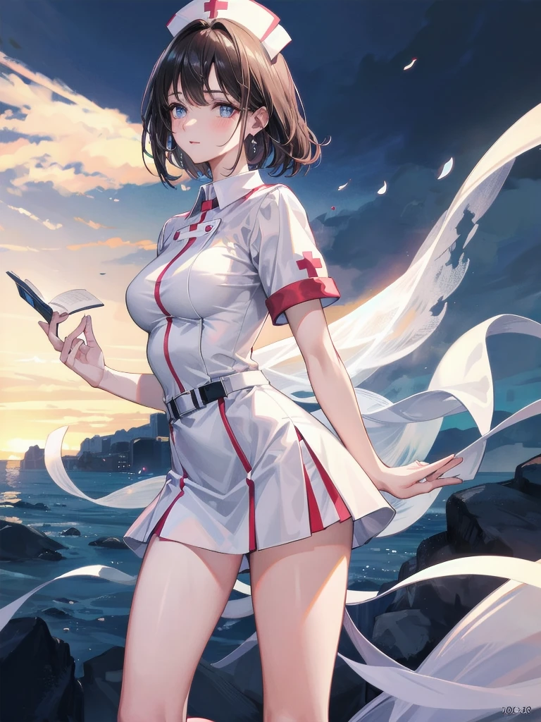 (nurse uniform:1.2), absurdres, RAW photo, extremely delicate and beautiful, masterpiece, Best Quality, ultra high resolution, 32k, hyperrealistic, ultra-detailed, perfect anatomy, anatomically correct, perfect figure, Perfect Style, Perfect balance, super Detailed skin, in her 30s, very Slim body, narrow waist, very small head, very small face, delicate facial features, handsome detailed woman, very detailed eyes and face, realistic face proportions, Realistic beautiful face, Realistic beautiful eyes, tearful mole, earring, huge round tits, whole body shot, medium hair, outdoor, hospital,