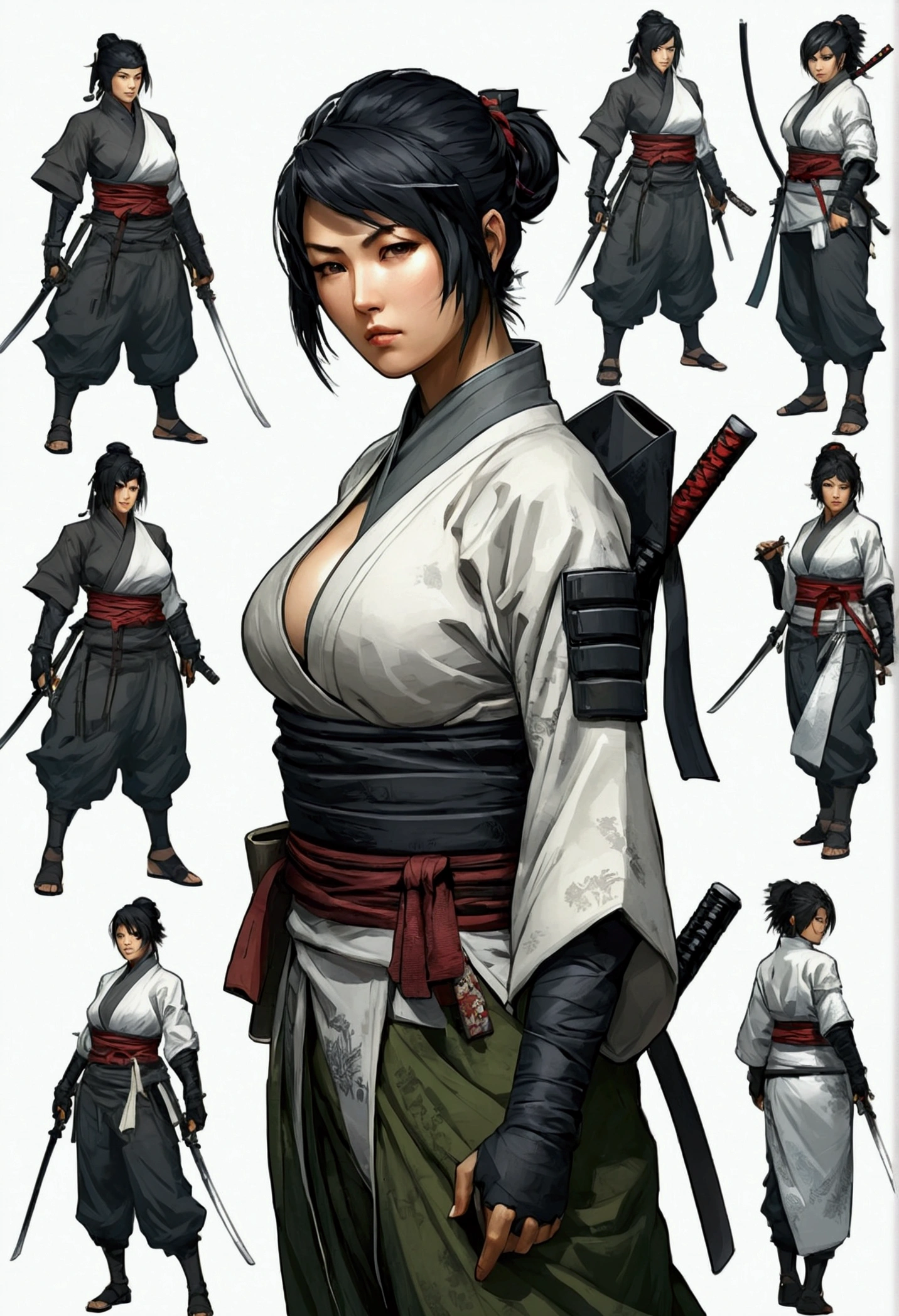 Female ninja、Short detailed hair、Japanese、Black Hair、Large Breasts、Beautiful girl、Multiple Concept Designs、Concept design sheet、White background、Yoji Shinkawa style、16-bit pixel art --s 750 --niji 5